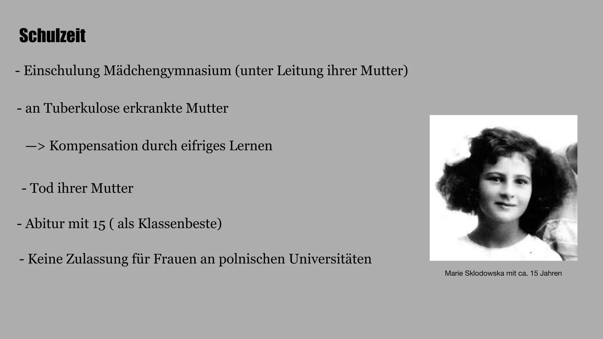 Marie
Curie
Wie sie die Welt veränderte Inhalt
-> Kindheit
-> Schulzeit
-> Studienzeit
-> Pierre Curie
->Antoine Henri Becquerel
->Forschung