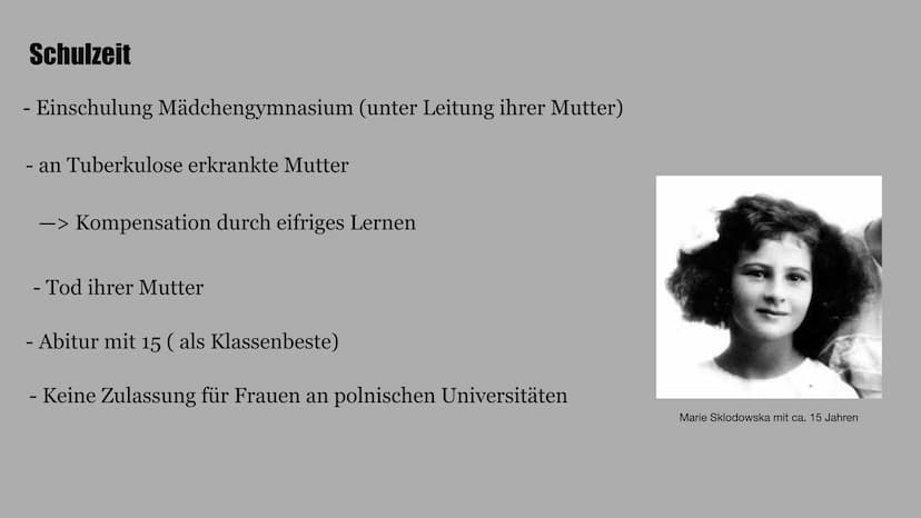 Marie
Curie
Wie sie die Welt veränderte Inhalt
-> Kindheit
-> Schulzeit
-> Studienzeit
-> Pierre Curie
->Antoine Henri Becquerel
->Forschung