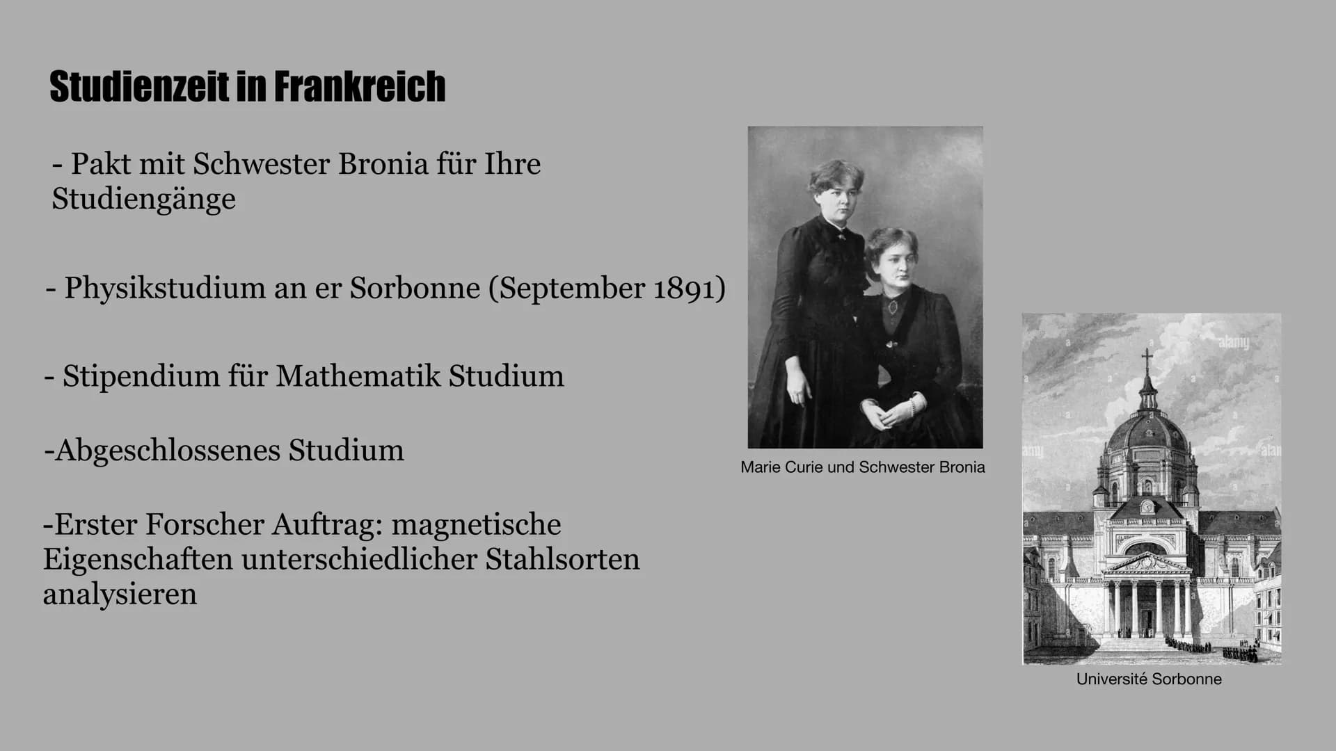 Marie
Curie
Wie sie die Welt veränderte Inhalt
-> Kindheit
-> Schulzeit
-> Studienzeit
-> Pierre Curie
->Antoine Henri Becquerel
->Forschung