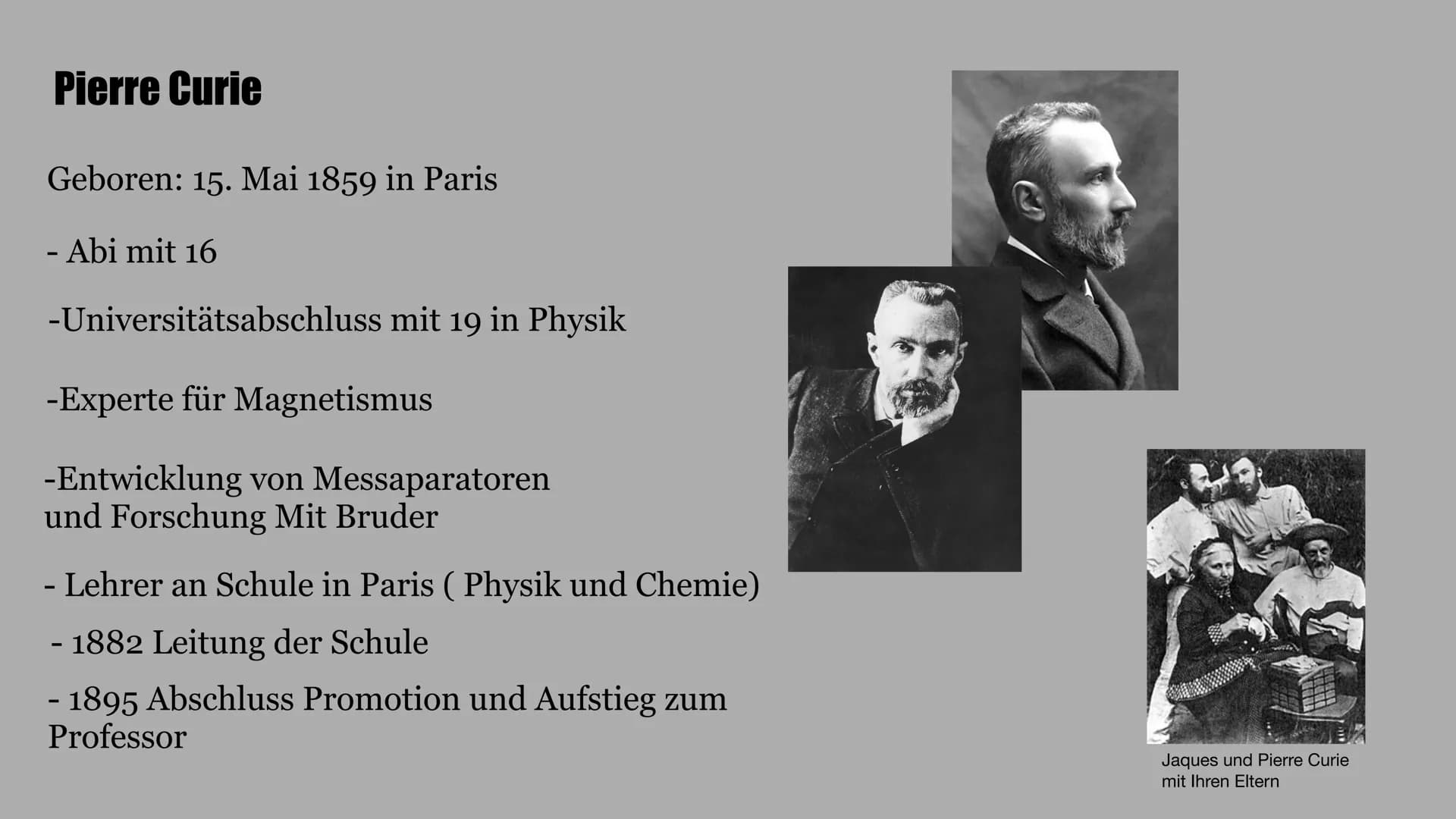 Marie
Curie
Wie sie die Welt veränderte Inhalt
-> Kindheit
-> Schulzeit
-> Studienzeit
-> Pierre Curie
->Antoine Henri Becquerel
->Forschung
