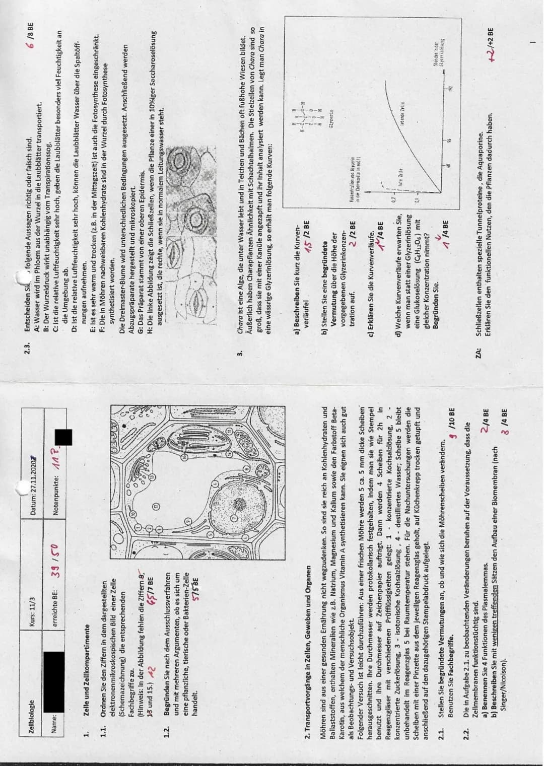 Zellbiologie
Name:
1.
1.2.
Kurs: 11/3
Zelle und Zellkompartimente
1.1. Ordnen Sie den Ziffern in dem dargestellten
elektronenmikroskospische