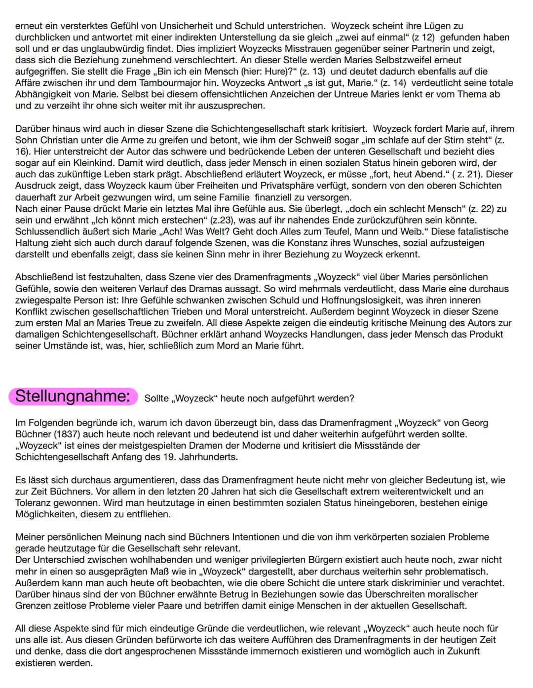 Analyse Szene 4
Die vorliegende Szene ,,Kammer" stammt aus dem Dramenfragment ,,Woyzeck", welches von Georg Büchner
verfasst wurde und aus d
