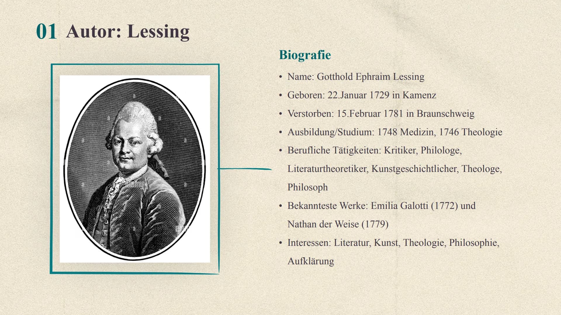 !!!
Nathan der Weise
Gotthold Ephraim Lessing Gliederung
01
02
03 Aufbau
04 Charaktere
05 Figurenkonstellation
06 Zusammenfassung der Akte
0