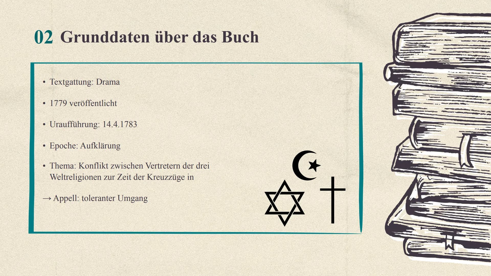 !!!
Nathan der Weise
Gotthold Ephraim Lessing Gliederung
01
02
03 Aufbau
04 Charaktere
05 Figurenkonstellation
06 Zusammenfassung der Akte
0