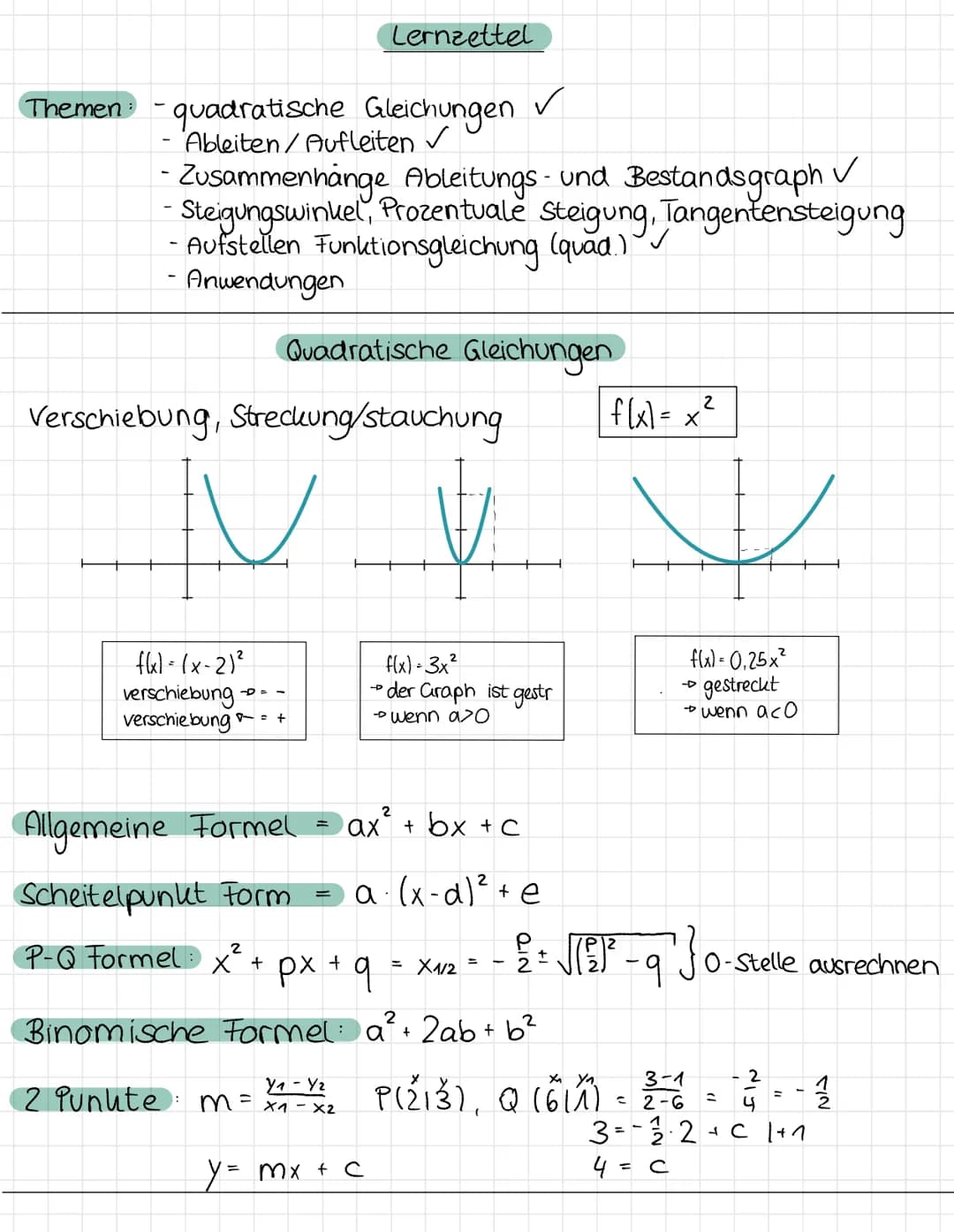 Themen: - quadratische Gleichungen
Ableiten/Aufleiten ✓
Zusammenhänge Ableitungs- und Bestandsgraph
·Steigungswinkel, Prozentuale Steigung, 