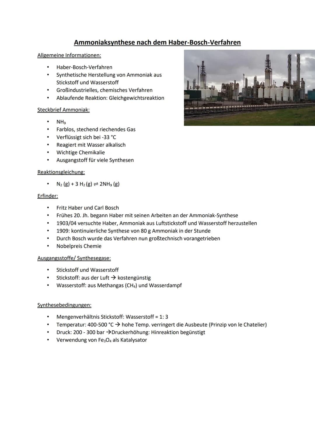 Allgemeine Informationen:
●
Steckbrief Ammoniak:
●
●
Ammoniaksynthese nach dem Haber-Bosch-Verfahren
.
Haber-Bosch-Verfahren
Reaktionsgleich