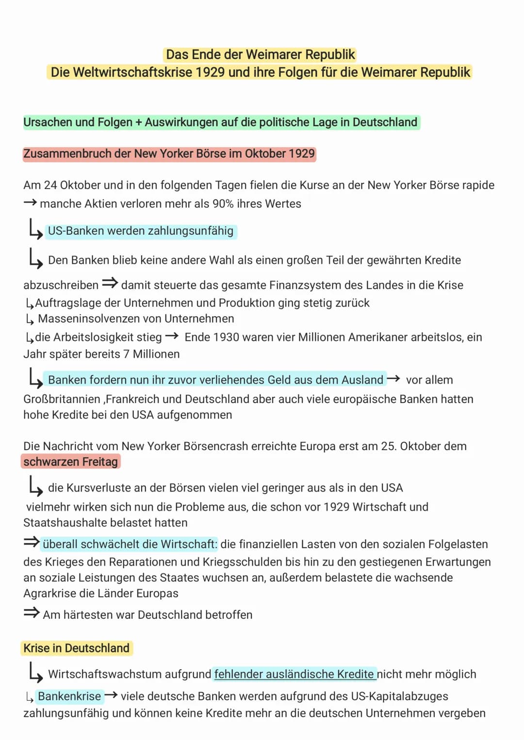 Das Ende der Weimarer Republik
Die Weltwirtschaftskrise 1929 und ihre Folgen für die Weimarer Republik
Ursachen und Folgen + Auswirkungen au