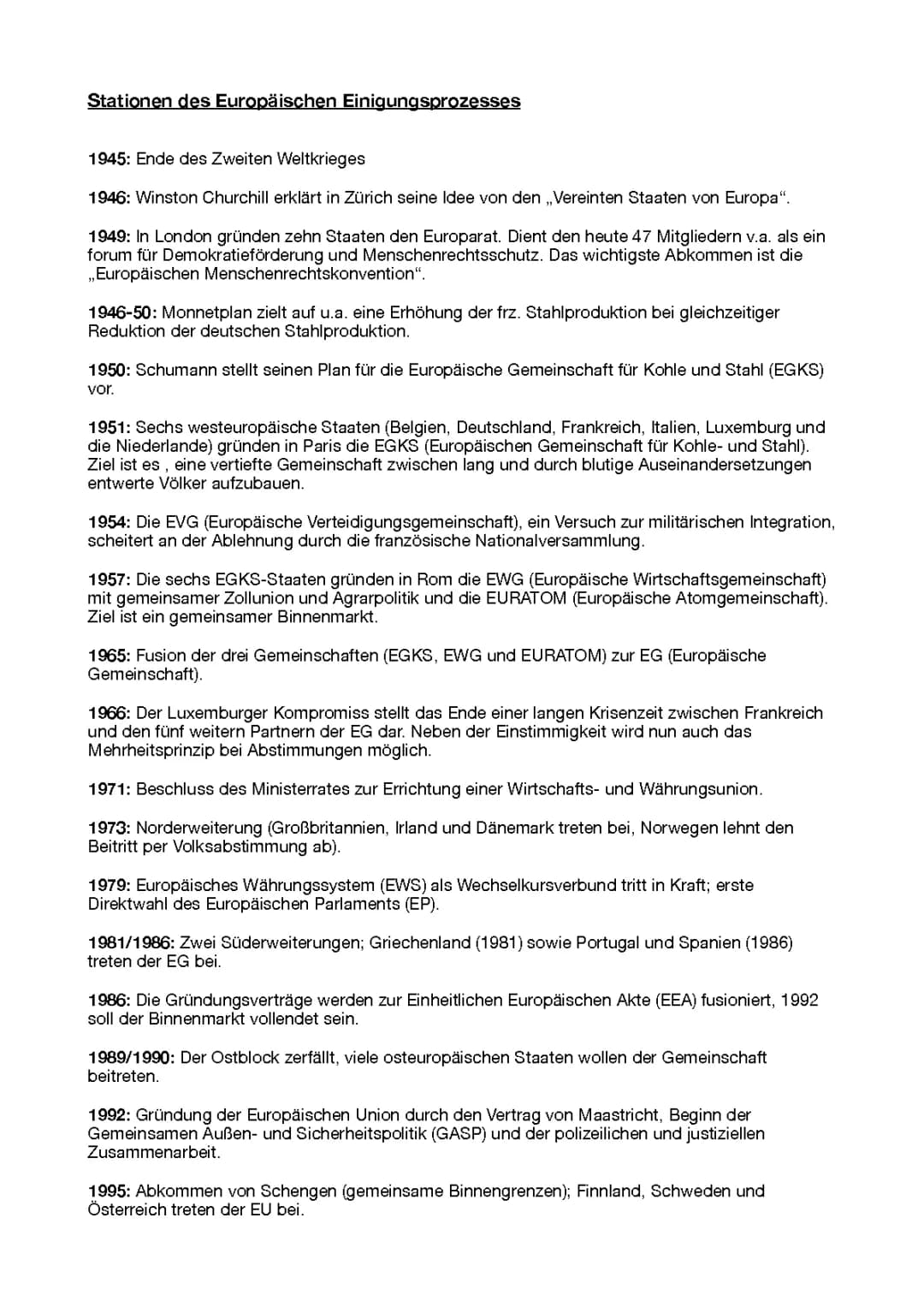 Stationen des Europäischen Einigungsprozesses
