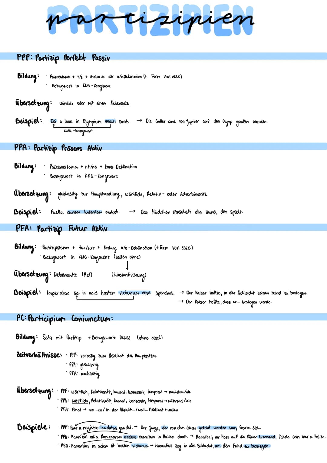 partizipien
PPP: Partizip Perfekt Passiv
Bildung: ·Präsensstamm + t/s + Endun en der a/o-Deklination (t Form von esse)
ING-Kongruenz
Bezugsw