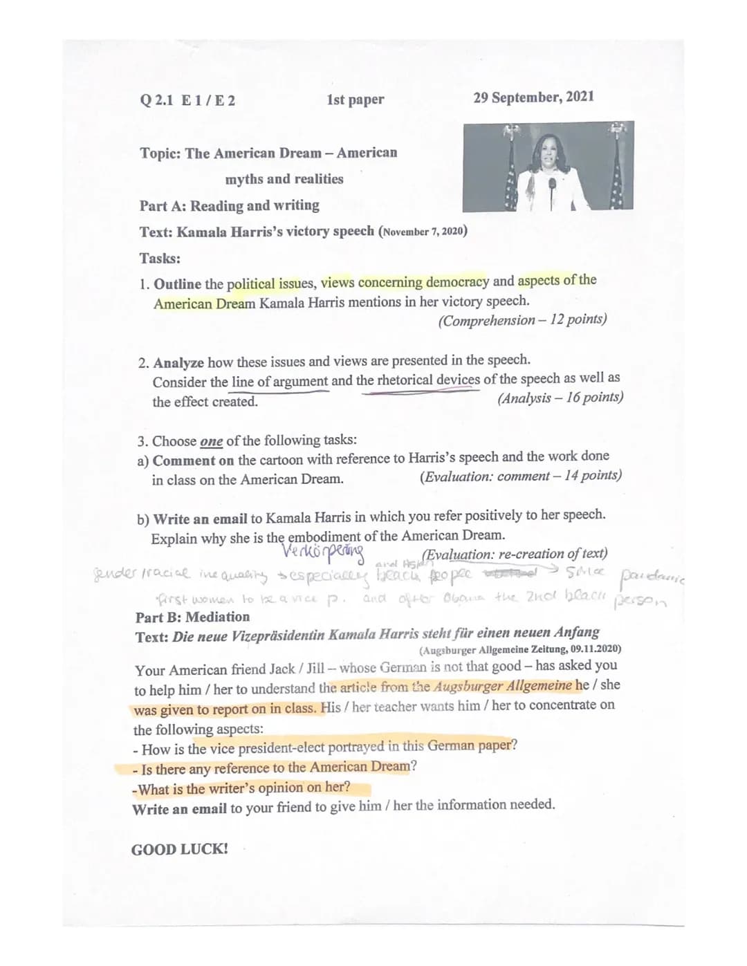 Q2.1 E 1/E 2
1st paper
Topic: The American Dream - American
myths and realities
Part A: Reading and writing
Text: Kamala Harris's victory sp