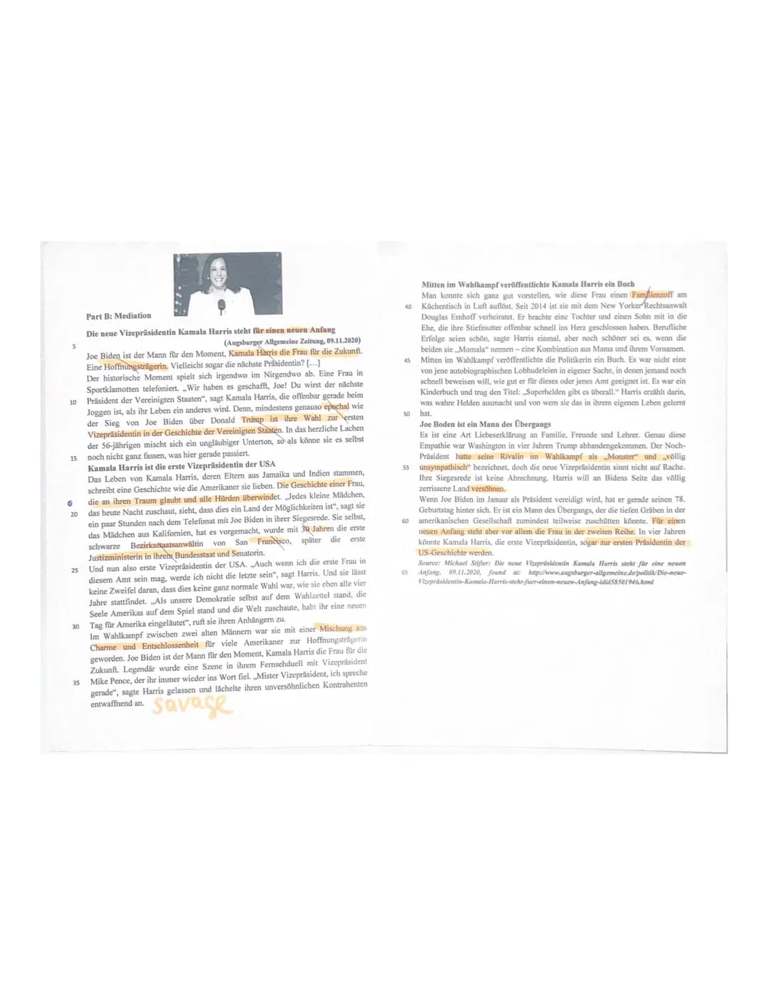 Q2.1 E 1/E 2
1st paper
Topic: The American Dream - American
myths and realities
Part A: Reading and writing
Text: Kamala Harris's victory sp