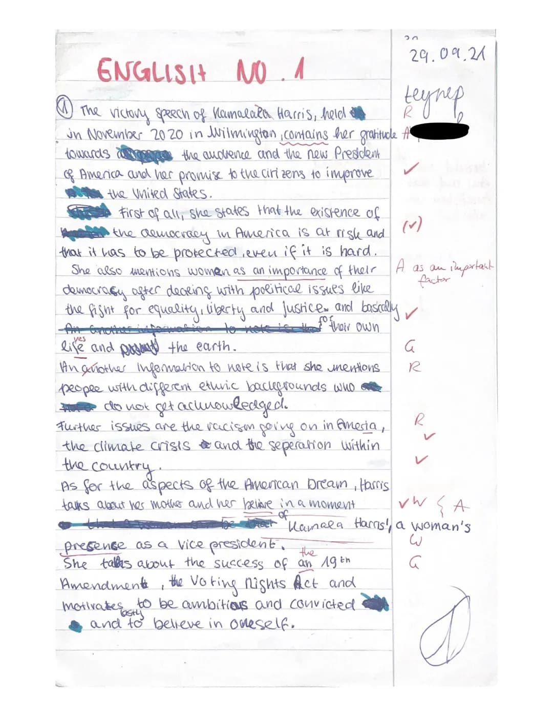 Q2.1 E 1/E 2
1st paper
Topic: The American Dream - American
myths and realities
Part A: Reading and writing
Text: Kamala Harris's victory sp