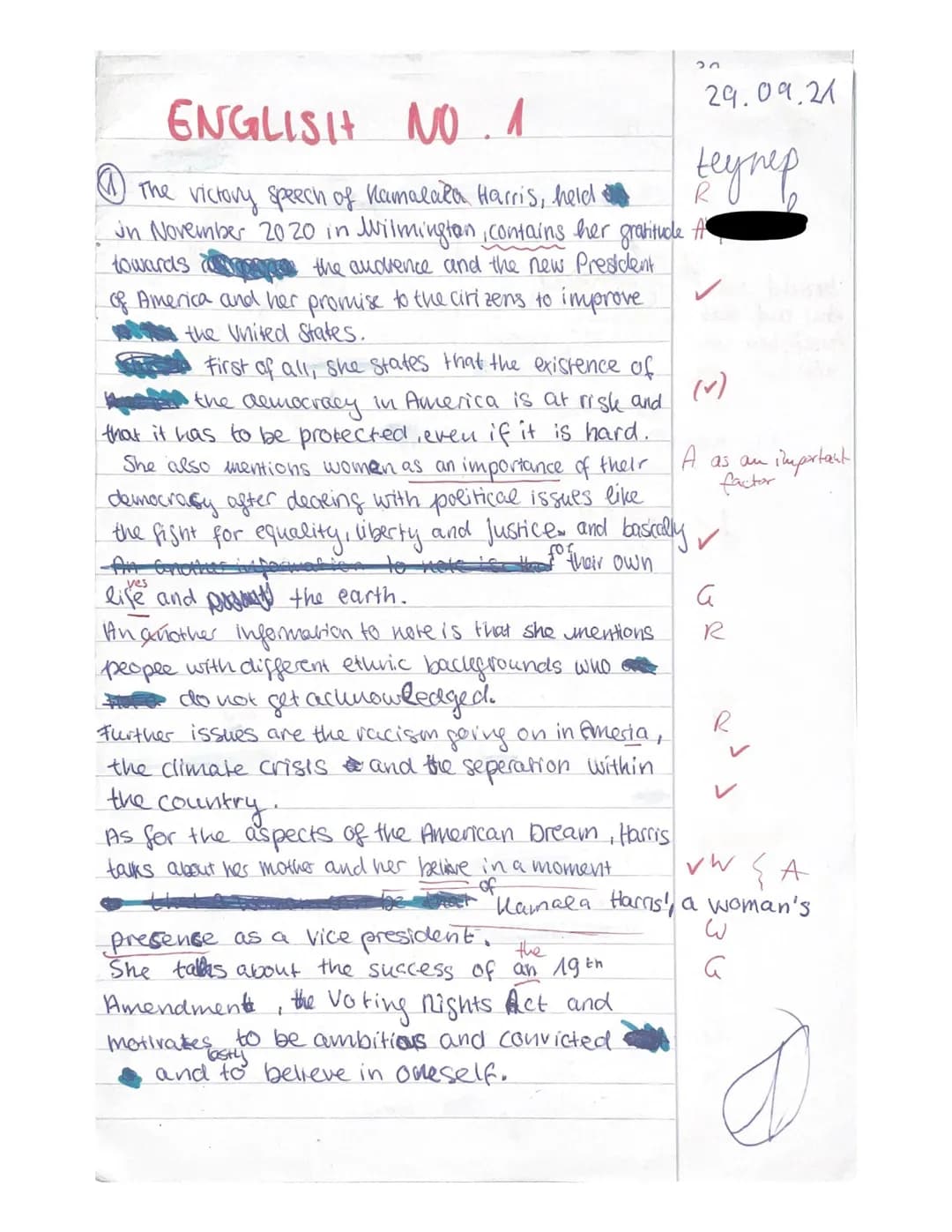 Q2.1 E 1/E 2
1st paper
Topic: The American Dream - American
myths and realities
Part A: Reading and writing
Text: Kamala Harris's victory sp