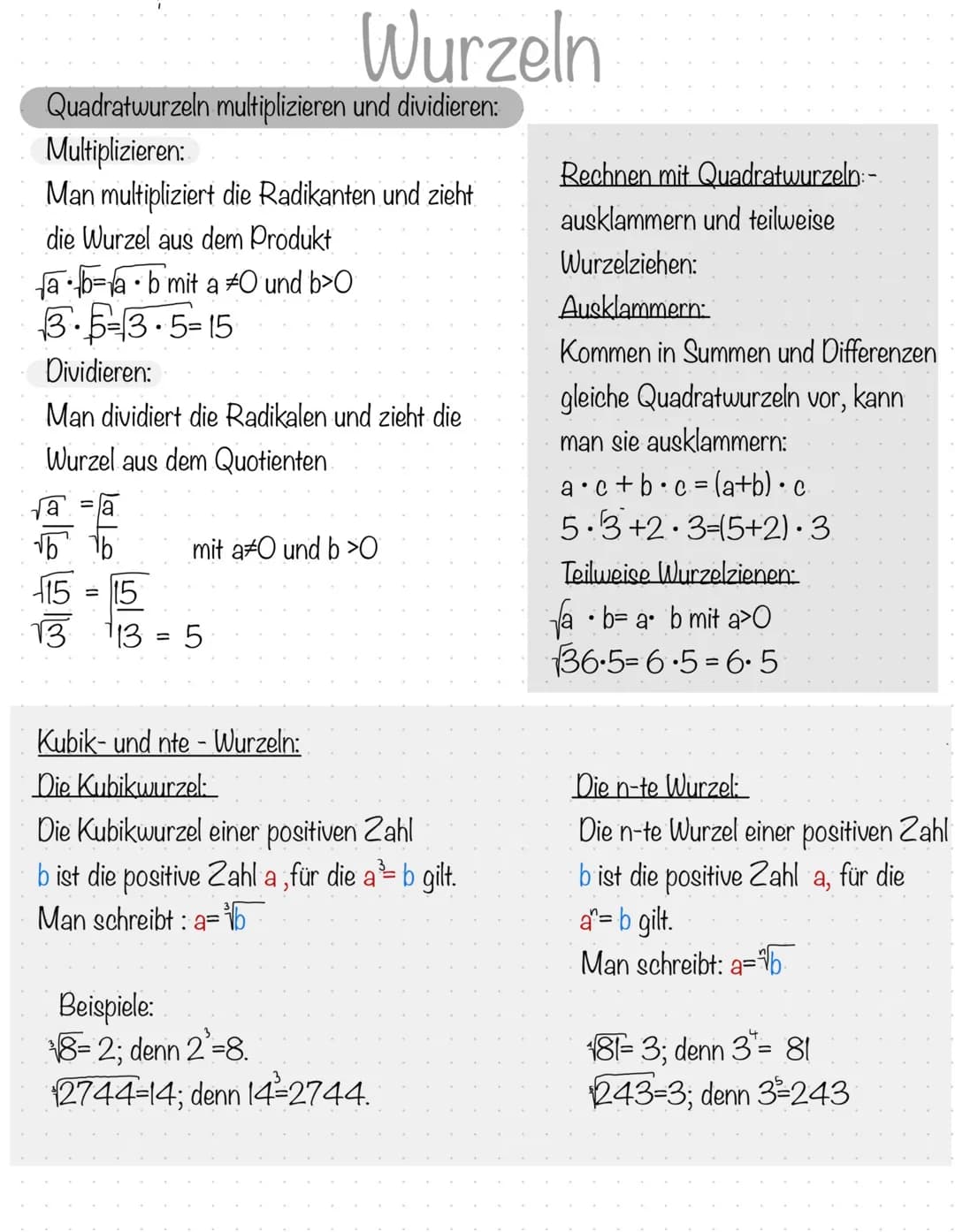 Potenzen:
n
Die Potenz a ist ein
Produkt aus n gleichen
Faktoren a.
n
a= aa a a
↓
n Faktoren
Potenzen und Wurzeln
Man spricht/liest
,,vier h