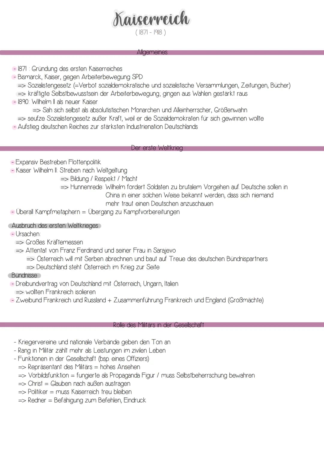 Kaiserreich
(1871-1918)
- 1871: Gründung des ersten Kaiserreiches
- Bismarck, Kaiser, gegen Arbeiterbewegung SPD
=> Sozialistengesetz (=Verb
