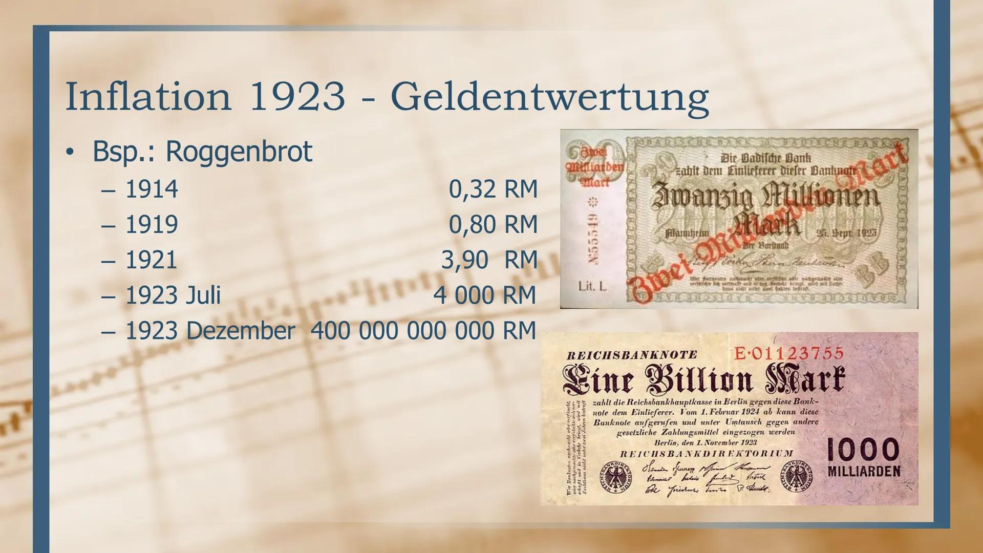 # Weltwirtschaftskrise 1929

ERMÖGLICHT SIE HITLER EINEN SCHNELLEN AUFSTIEG? Inhalt
• Inflation 1923
  - Was ist Inflation am Bsp. 1923
  - 