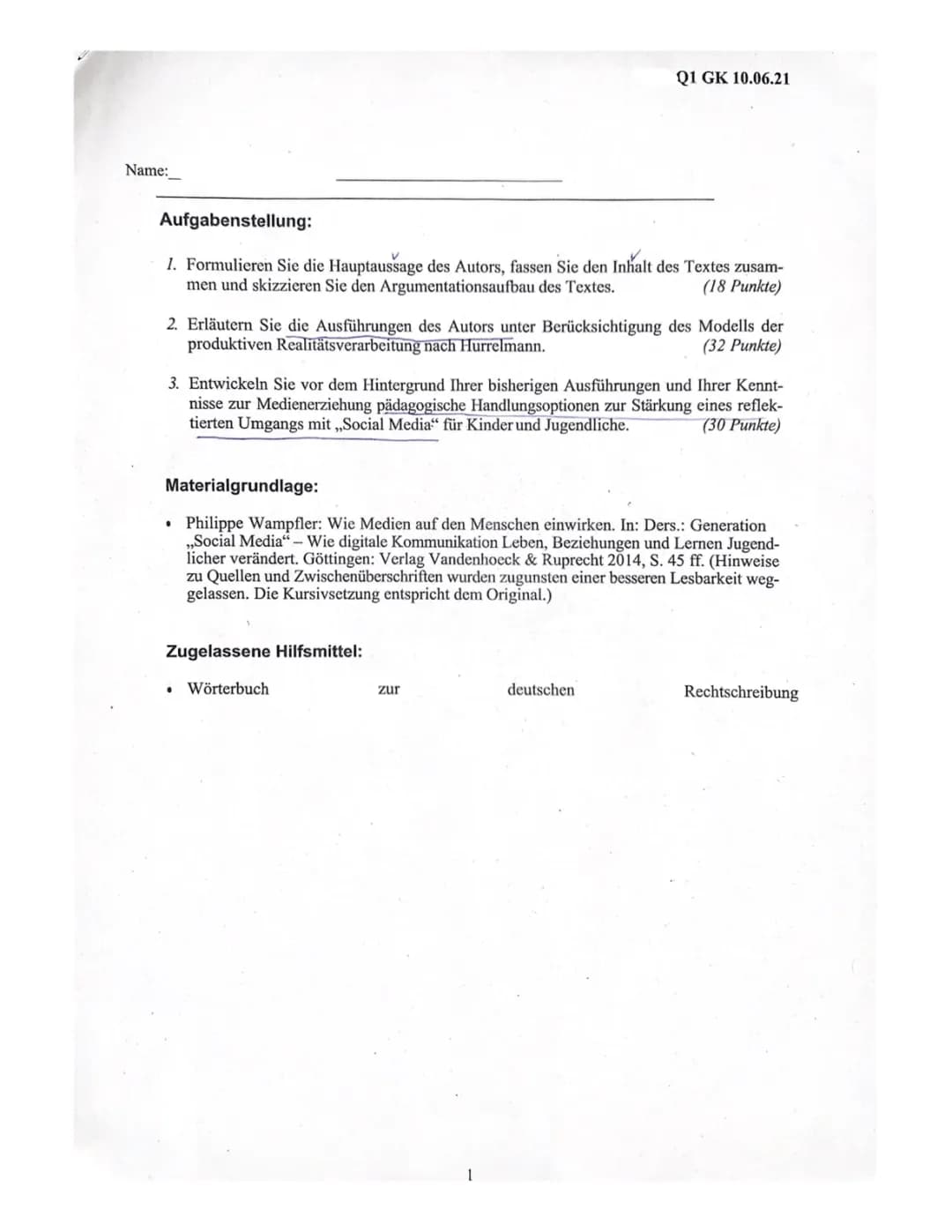 Klausur: Modell der produktiven Realitätsverarbeitung nach Hurrelmann