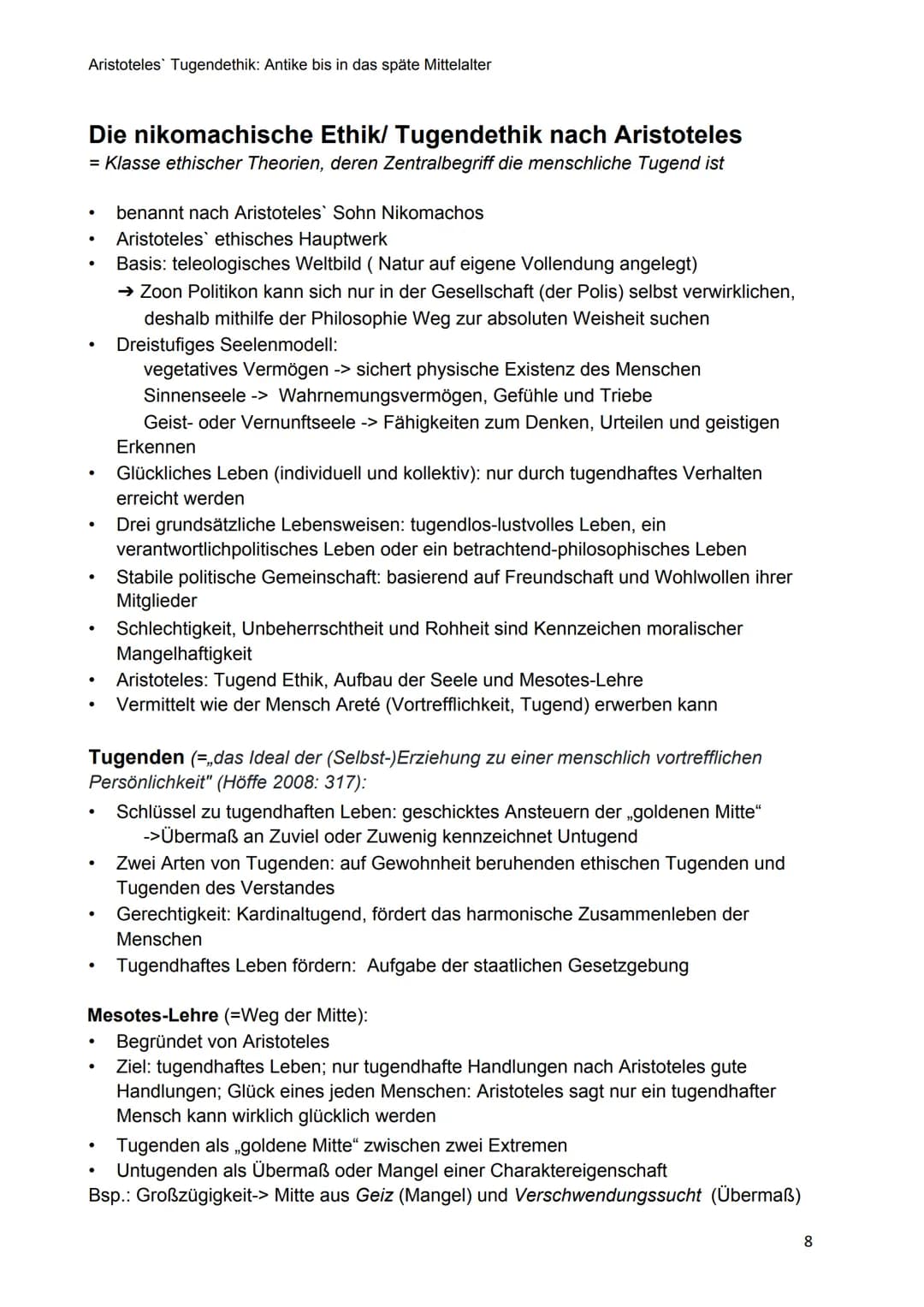 Aristoteles Tugendethik: Antike bis in das späte Mittelalter
Die nikomachische Ethik/ Tugendethik nach Aristoteles
= Klasse ethischer Theori