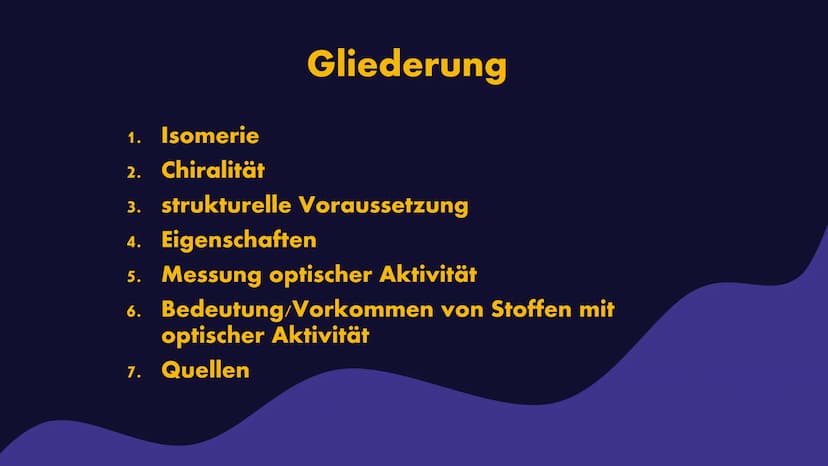 Optische Aktivität
von Elisabeth Lisa Atapin Gliederung
1. Isomerie
2. Chiralität
3. strukturelle Voraussetzung
4. Eigenschaften
5. Messung 