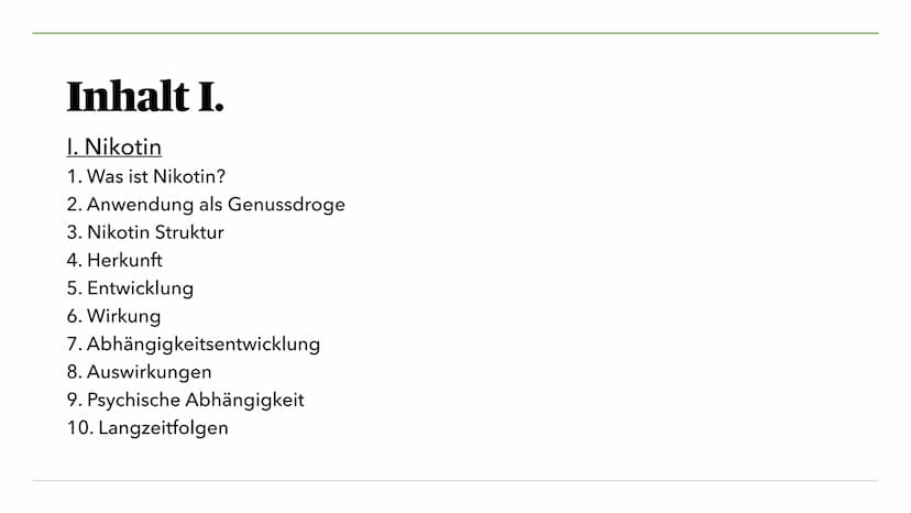 VON MIRA K. UND JULIA S.
Nikotin, Koffein, Teein
und seine Wirkung Inhalt I.
I. Nikotin
1. Was ist Nikotin?
2. Anwendung als Genussdroge
3. 