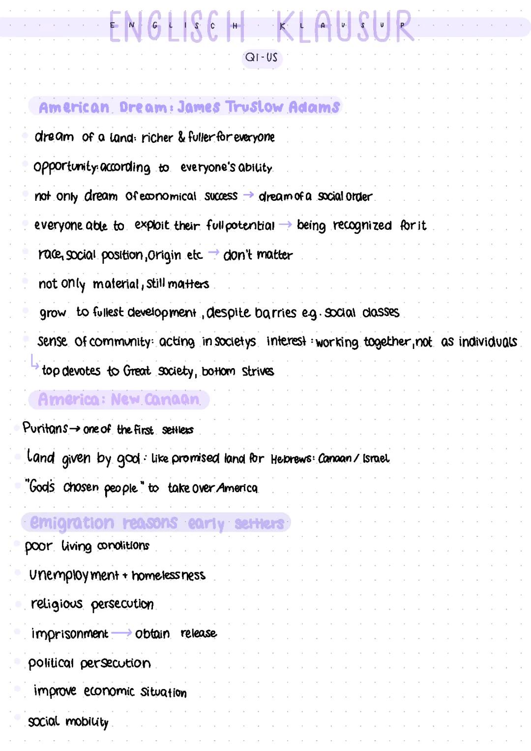 Lerzettel Englisch LK Q1 - US: American Dream, New Canaan, Frontier Thesis, Immigration- DACA