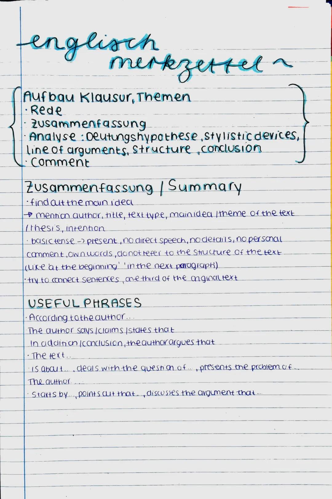 englisch
merkzettel
Aufbau Klausur, Themen
Rede
Zusammenfassung
Analyse: Deutungshypothese, stylistic devices,
line of arguments, structure 