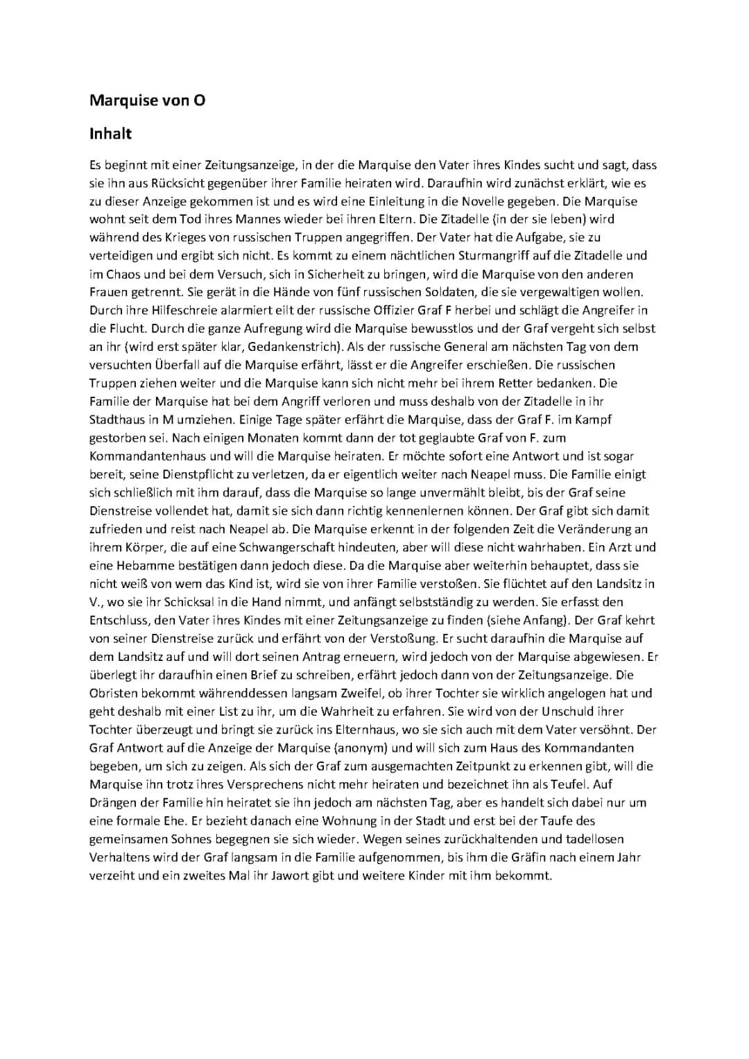 Einleitung, Zusammenfassung und Analyse von Heinrich von Kleists 'Die Marquise von O'