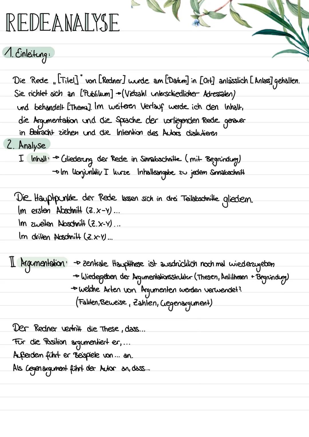 # REDEANALYSE

1. Einleitung:

Die Rede, [Titel]" von [Redner] wurde am [Datum] in [Ort] anlässlich [Anlass] gehalten.
Sie richtet sich an [