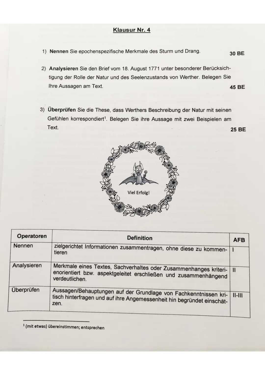 Überprüfen
1) Nennen Sie epochenspezifische Merkmale des Sturm und Drang.
Operatoren
Nennen
Analysieren
Klausur Nr. 4
2) Analysieren Sie den