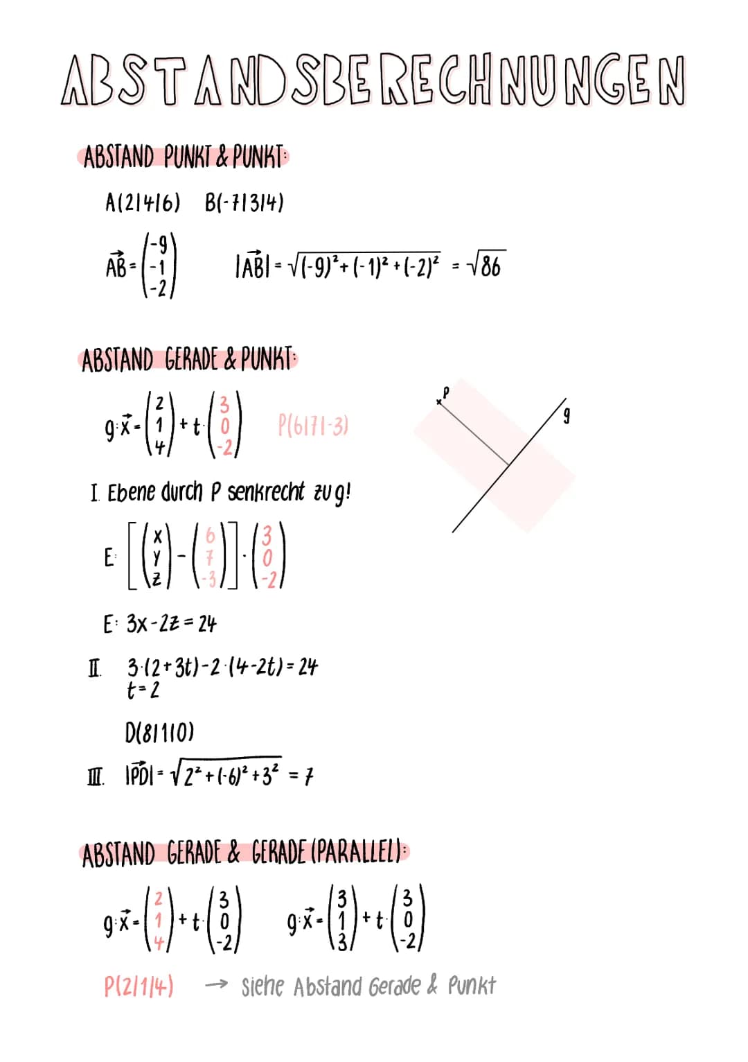 ABSTANDSBERECHNUNGEN
ABSTAND PUNKT & PUNKT:
A(21416) B(-71314)
AB=
IABI= √(-9)²+(-1)²+(-2)² = √√86
ABSTAND GERADE & PUNKT:
3
9 x-(1) ++ (1)
