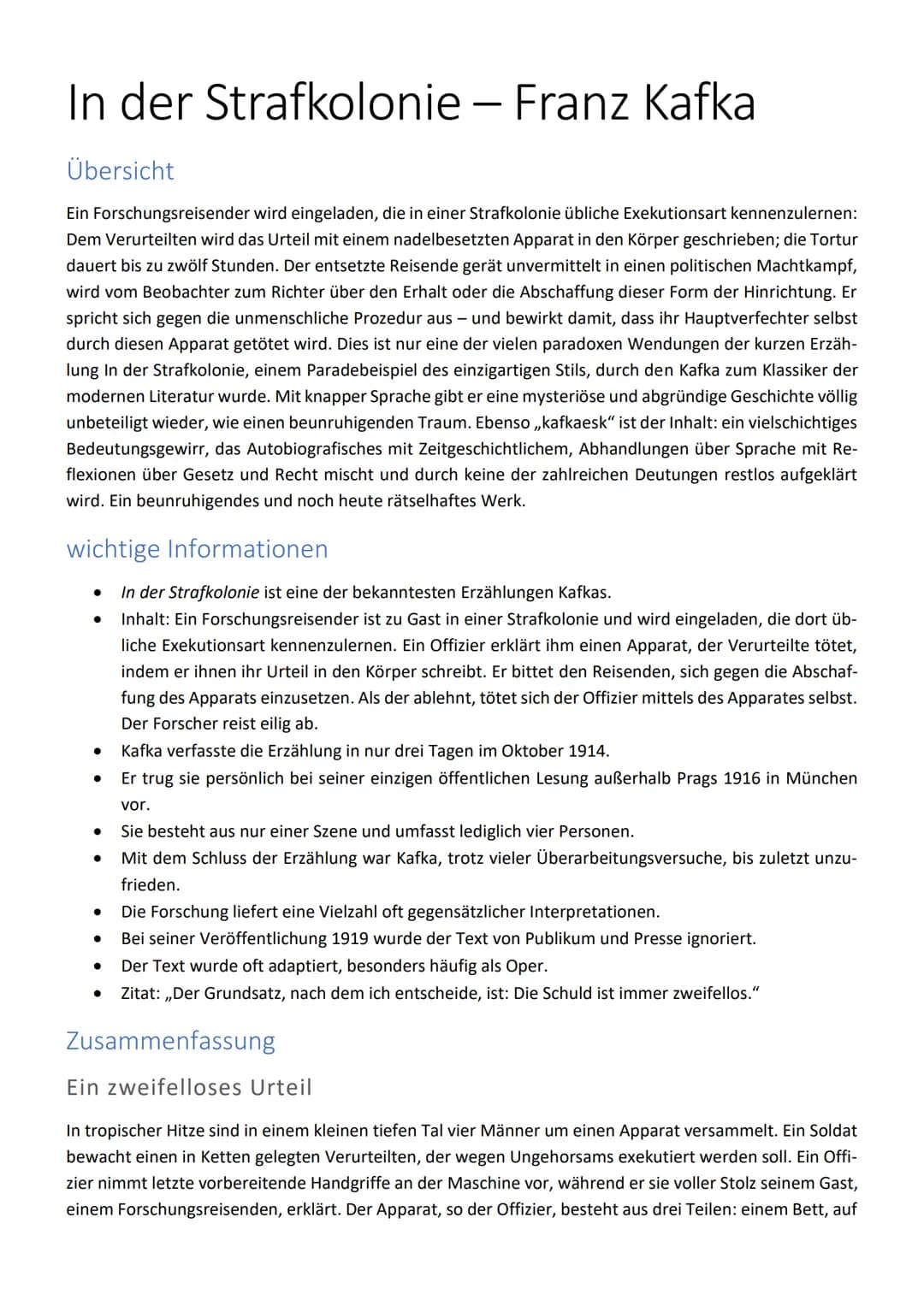 In der Strafkolonie - Franz Kafka
Übersicht
Ein Forschungsreisender wird eingeladen, die in einer Strafkolonie übliche Exekutionsart kennenz