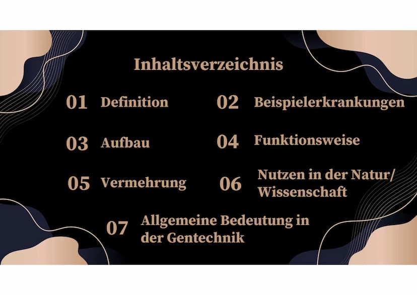 Viren Inhaltsverzeichnis
01 Definition
03 Aufbau
05
02 Beispielerkrankungen
04 Funktionsweise
Nutzen in der Natur/
Wissenschaft
Vermehrung 0