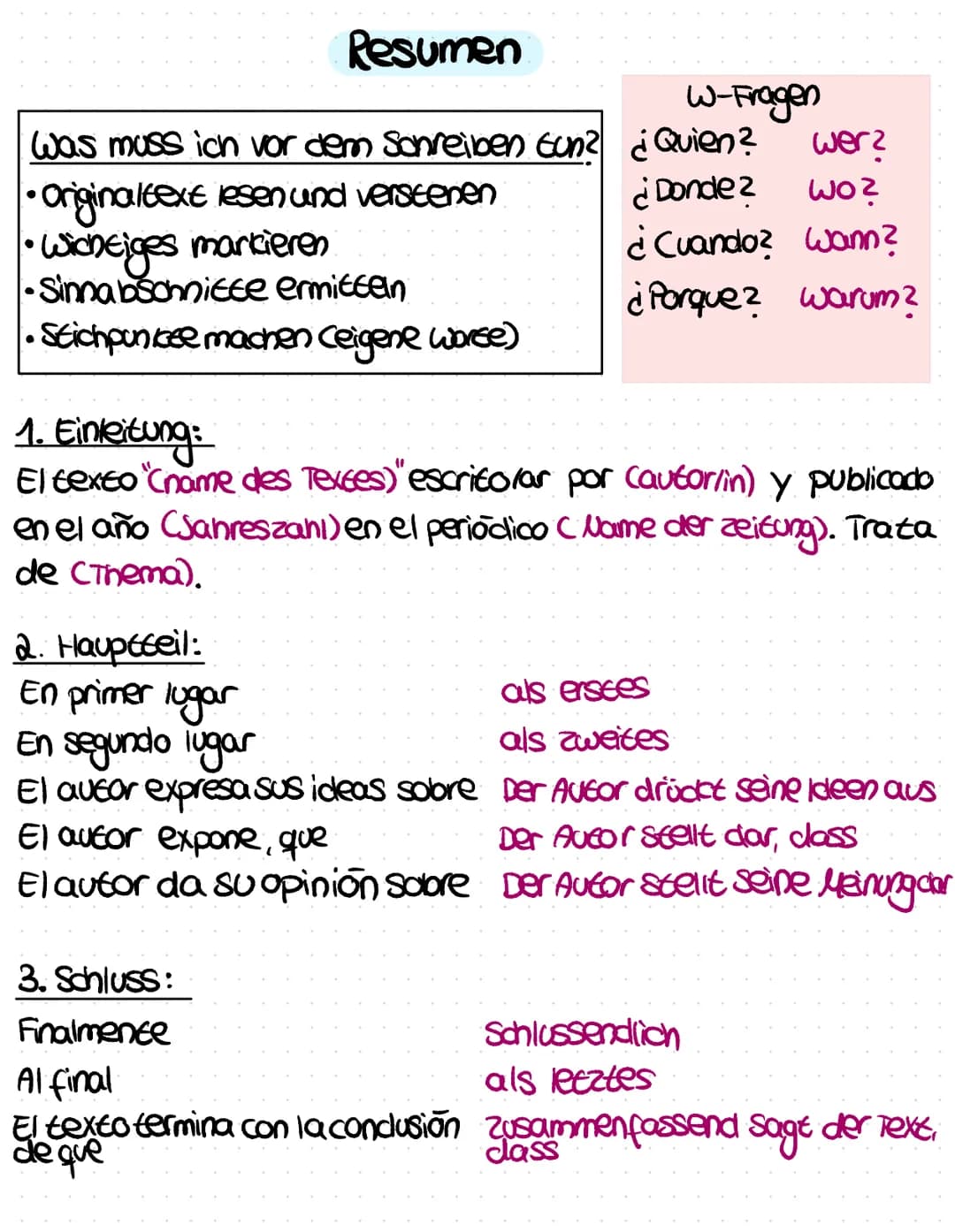 Resumen
W-Fragen
Was muss ich vor dem Schreiben tun? ¿ Quien?
¿Donde?
¿ Cuando? wann?
¿ Porque? warum?
• Original text lesen und verstenen
•