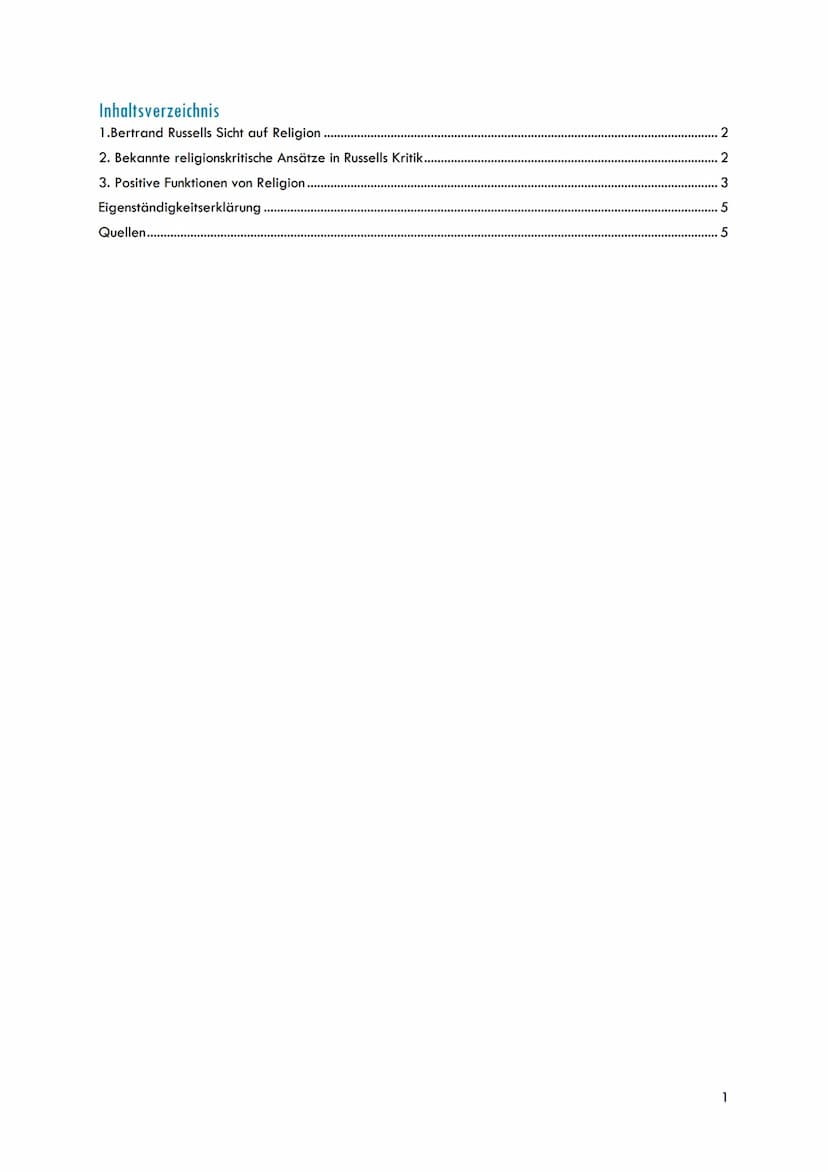 RELIGIONSKRITIK
Hausarbeit Thema 2 Inhaltsverzeichnis
1.Bertrand Russells Sicht auf Religion .....
2. Bekannte religionskritische Ansätze in
