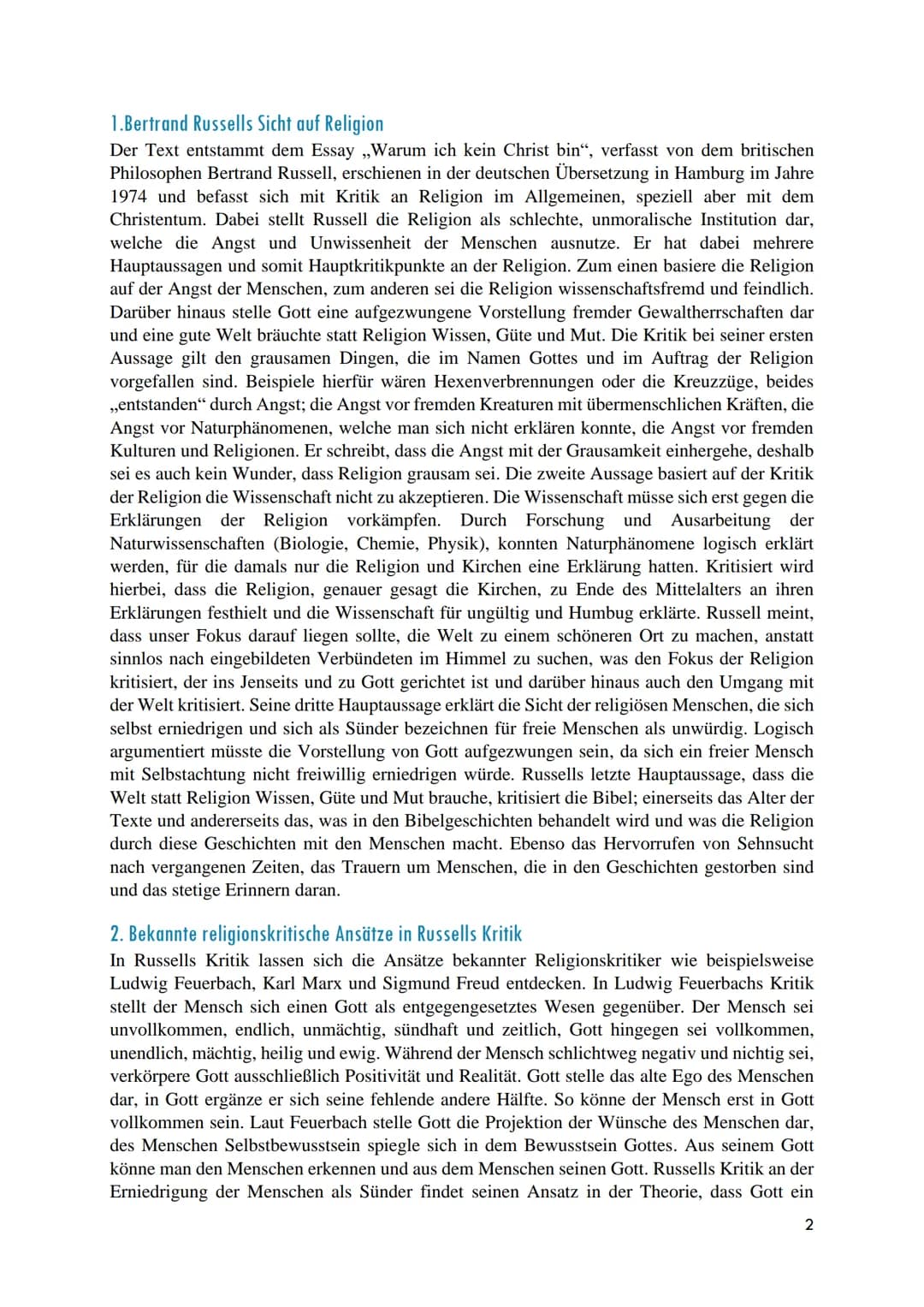 RELIGIONSKRITIK
Hausarbeit Thema 2 Inhaltsverzeichnis
1.Bertrand Russells Sicht auf Religion .....
2. Bekannte religionskritische Ansätze in