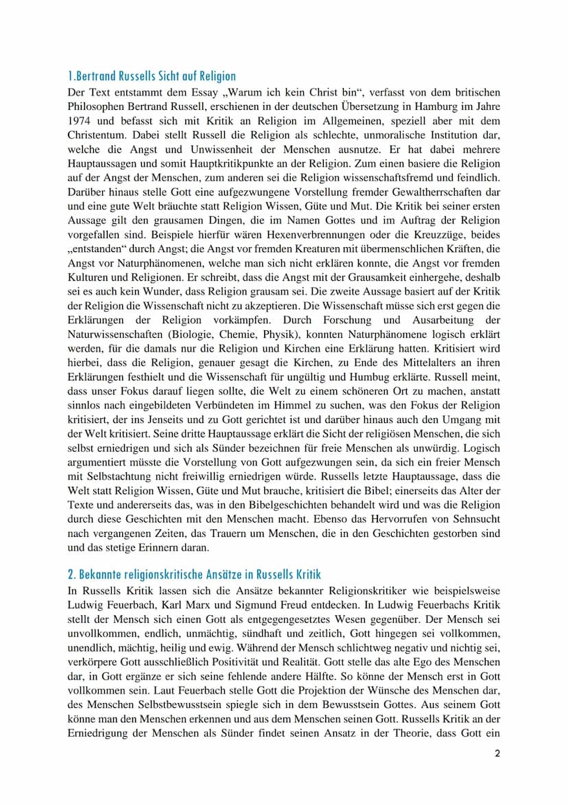 RELIGIONSKRITIK
Hausarbeit Thema 2 Inhaltsverzeichnis
1.Bertrand Russells Sicht auf Religion .....
2. Bekannte religionskritische Ansätze in
