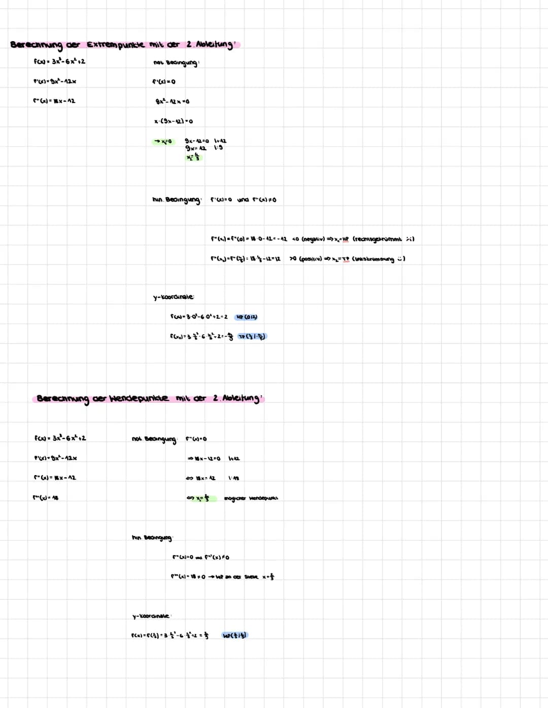 Berechnung der Extrempunkte mit der 2. Ableitung:
fou = 3x²-6x²+2
not Bedingung
F'(x)=x²-12x
F"(x)=18x-12
f(x)= 3x²-6x²+2
F'(x)-9x²-12x
f"(x