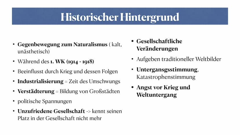 Expressionismus ●
●
●
●
●
Inhaltsverzeichnis
Historischer Hintergrund
Expressionismus Zeitabschnitte
Merkmale
Themen und Motive
Autoren und 
