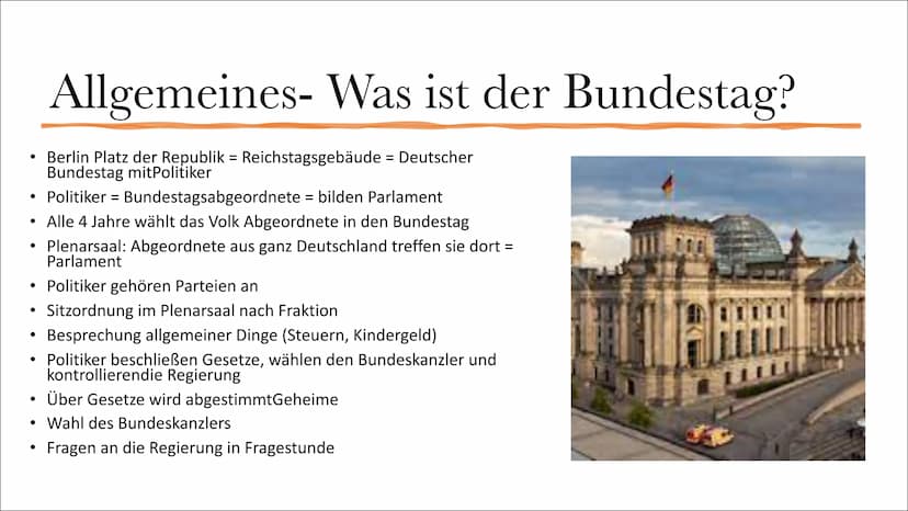 DER BUNDESTAG
Eine Präsentation von Idontwannacupcake
FEC Themen
1. Allgemeines
2. Grundstruktur
3. Aufgaben
4. Abgeordnete-Sitzverteilung
5