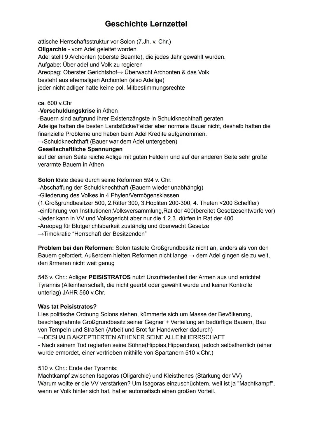 Geschichte Lernzettel
attische Herrschaftsstruktur vor Solon (7.Jh. v. Chr.)
Oligarchie - vom Adel geleitet worden
Adel stellt 9 Archonten (