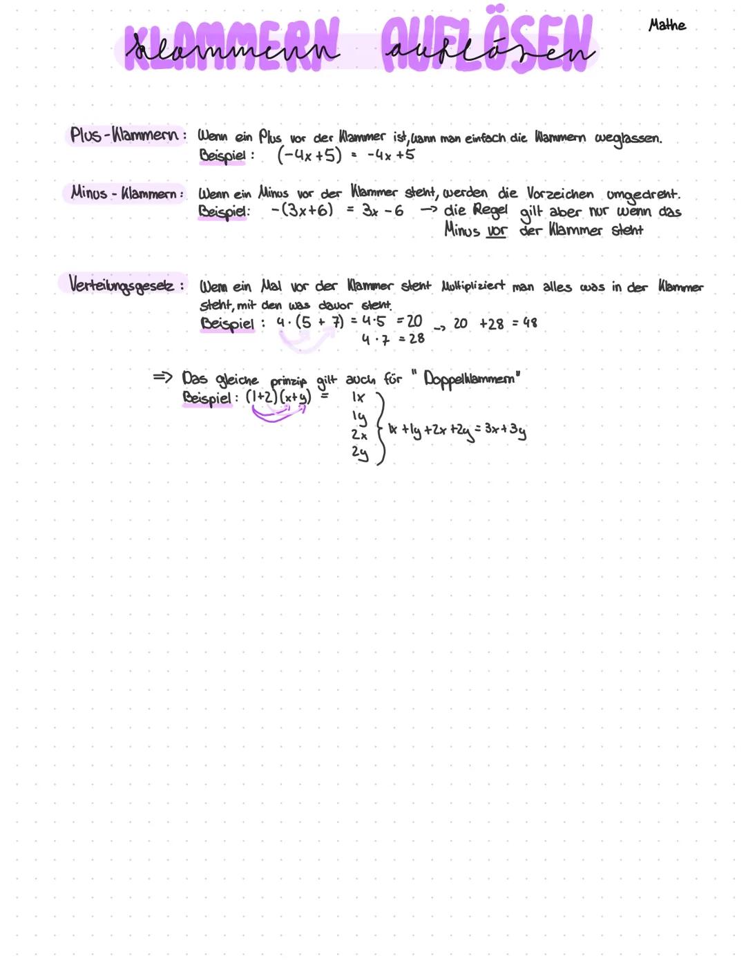Deammern AUFLÖSEN
Plus-Klammern: Wenn ein Plus, vor der Klammer ist, kann man einfach die Wammern weglassen.
Beispiel: (-4x+5) = -4x + 5
Min