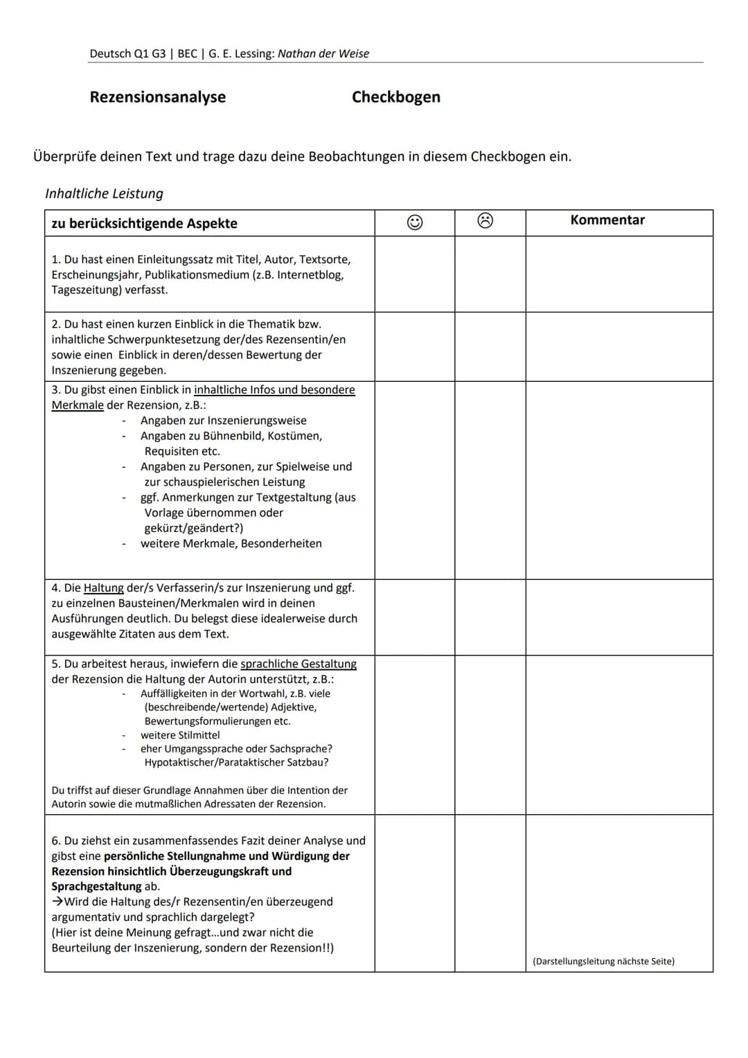  Deutsch Q1 G3 | BEC | G. E. Lessing: Nathan der Weise
Rezensionsanalyse
Überprüfe deinen Text und trage dazu deine Beobachtungen in diesem 