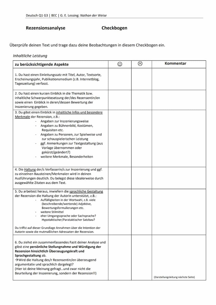  Deutsch Q1 G3 | BEC | G. E. Lessing: Nathan der Weise
Rezensionsanalyse
Überprüfe deinen Text und trage dazu deine Beobachtungen in diesem 