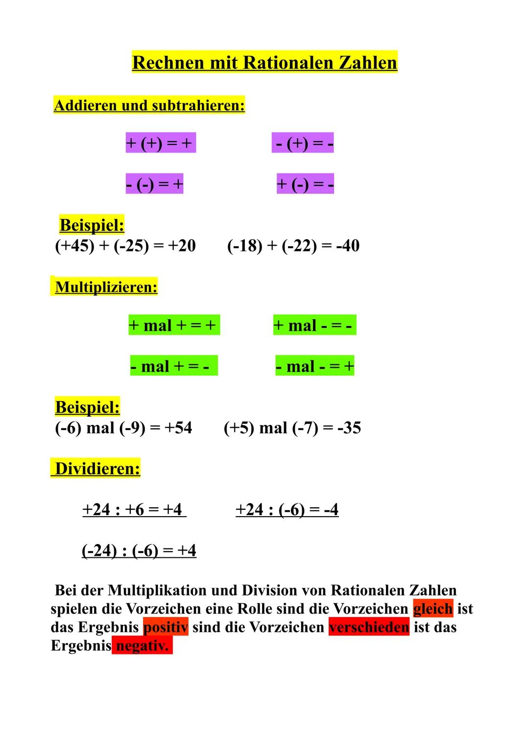Rechnen mit Rationalen Zahlen
Addieren und subtrahieren:
+(+) = +
- (-) = +
Beispiel:
(+45) + (-25) = +20
Multiplizieren:
+ mal + = +
mal + 