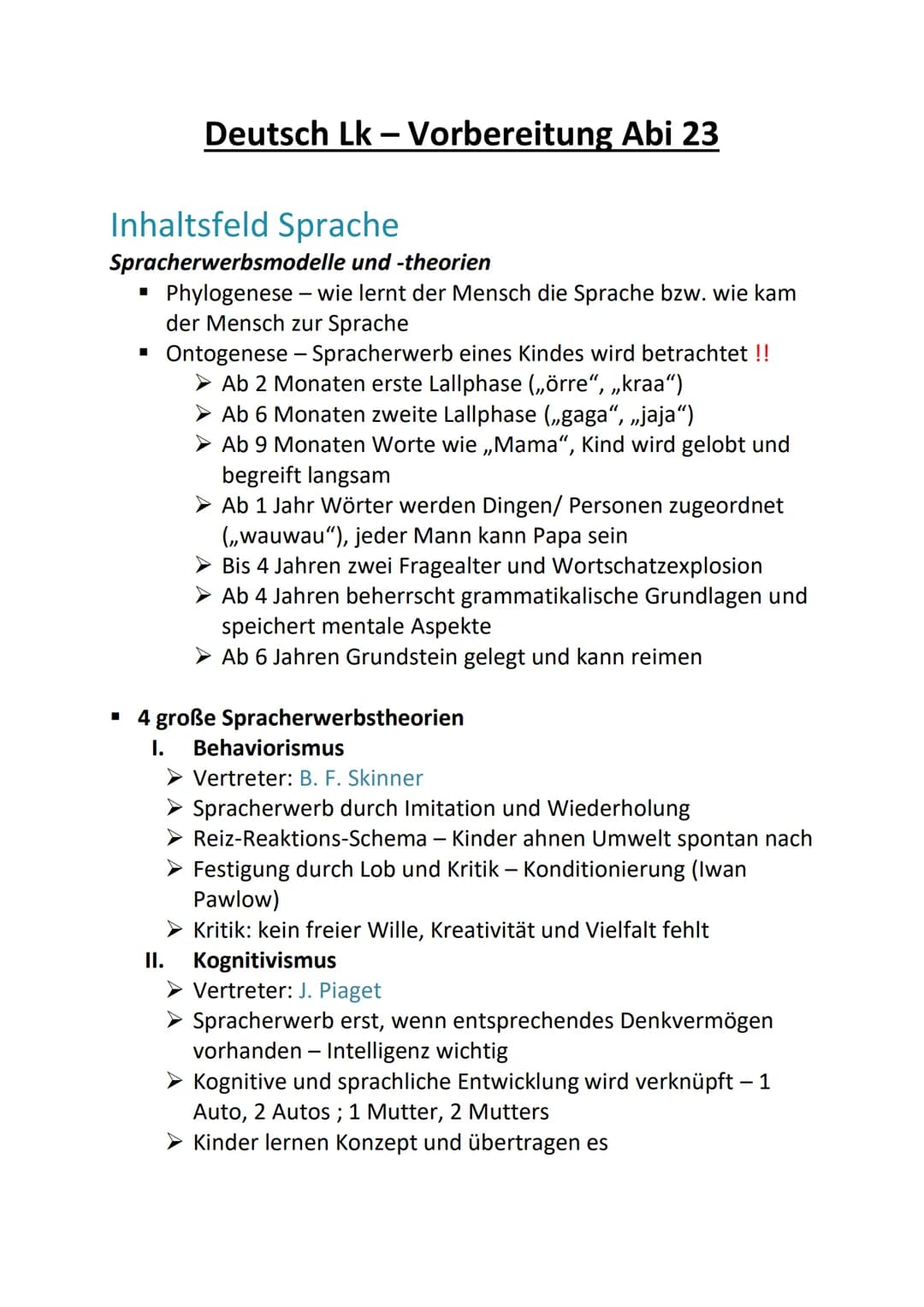 Deutsch Lk - Vorbereitung Abi 23
Inhaltsfeld Sprache
Spracherwerbsmodelle und -theorien
Phylogenese - wie lernt der Mensch die Sprache bzw. 