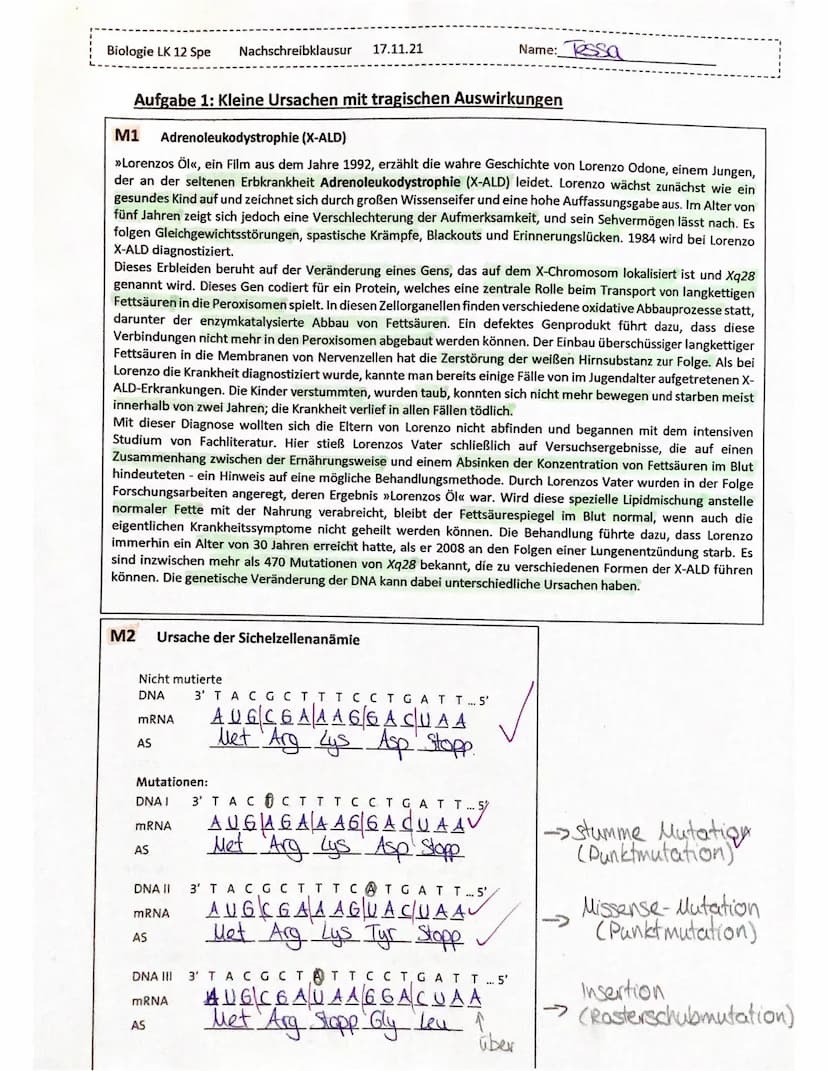Biologie LK 12 Spe
1.1
Aufgabe 1
Erläutern Sie anhand von Material 1 den Begriff Adrenoleukodystrophie und beschreiben
Sie die möglichen Fol