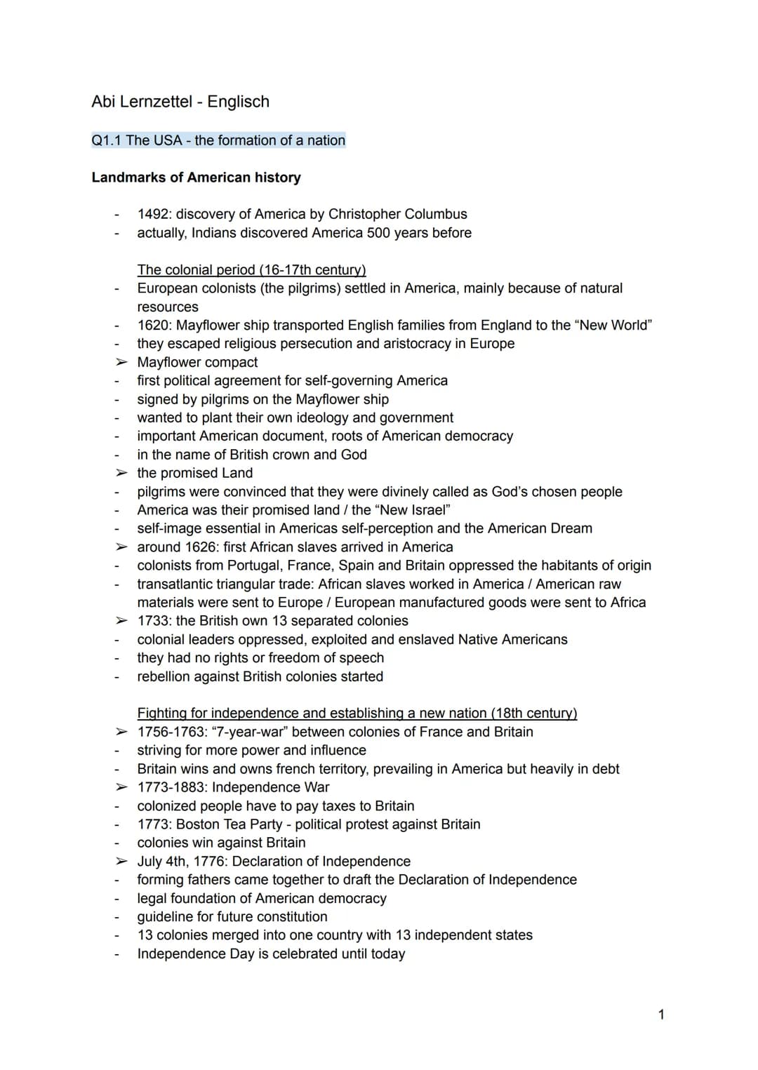 Abi Lernzettel - Englisch
Q1.1 The USA - the formation of a nation
Landmarks of American history
1492: discovery of America by Christopher C