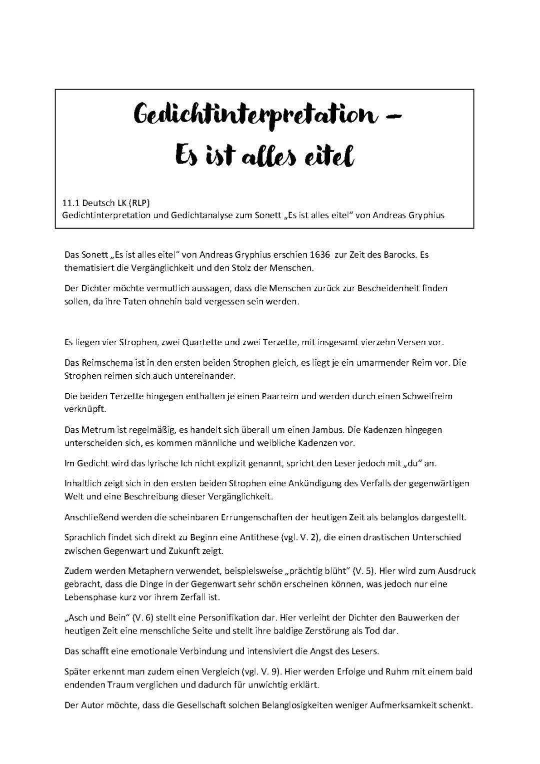  Gedichtinterpretation –  Es ist alles eitel
