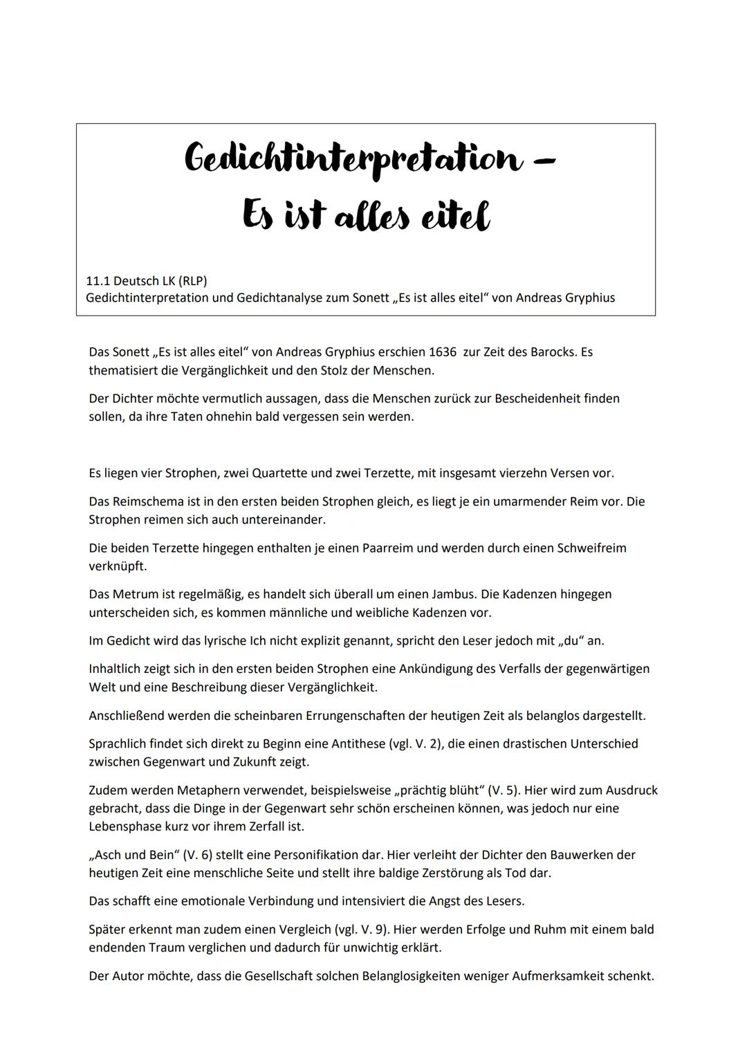 Gedichtinterpretation -
Es ist alles eitel
11.1 Deutsch LK (RLP)
Gedichtinterpretation und Gedichtanalyse zum Sonett ,,Es ist alles eitel" v