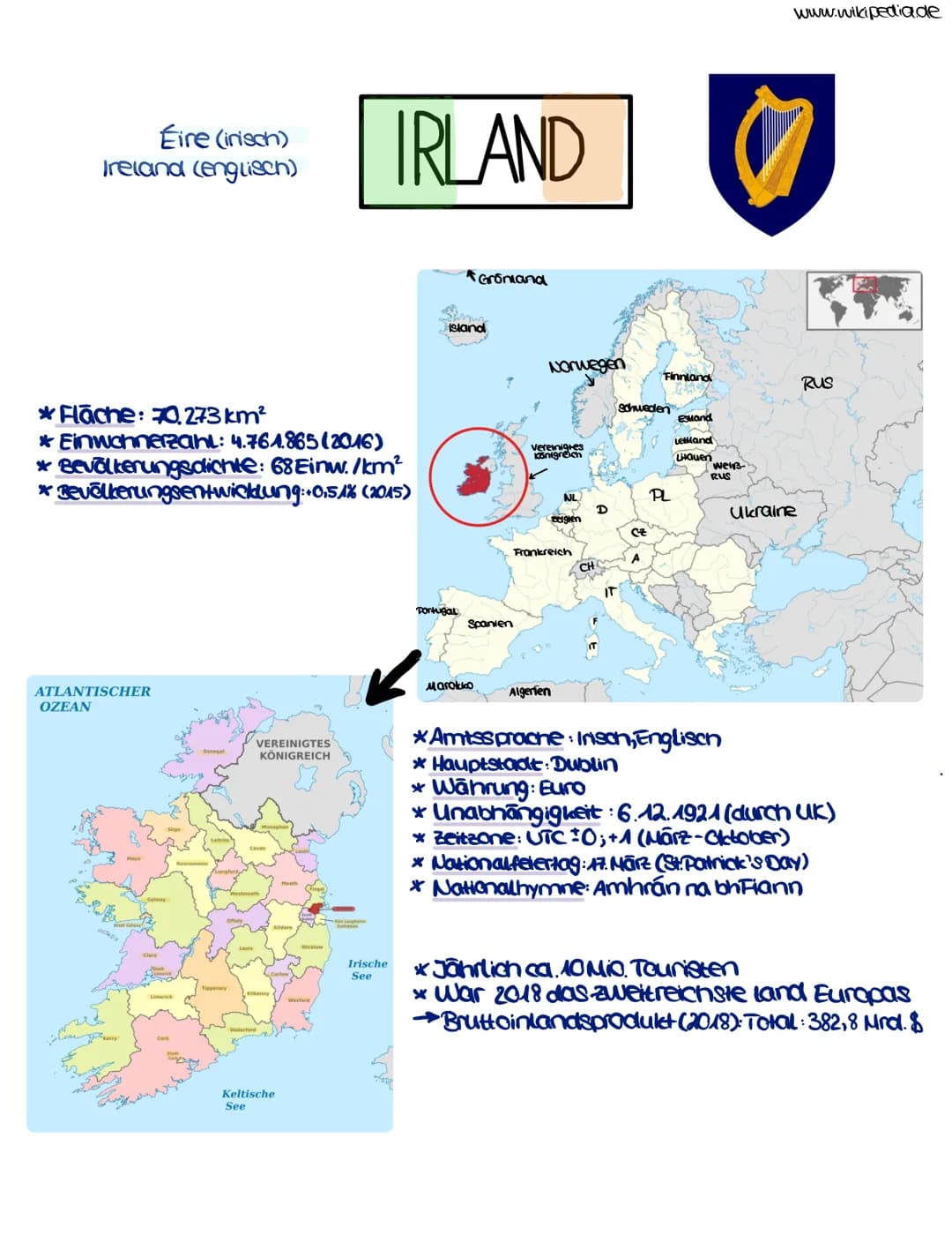 Eire (inisch)
Ireland (englisch)
*Fläche: 70.273 km²
* Einwohnerzahl: 4.764.865 (2016)
* Bevölkerungsdichte: 68 Einw./km²
* Bevölkerungsentw